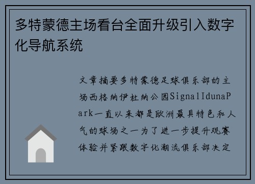 多特蒙德主场看台全面升级引入数字化导航系统